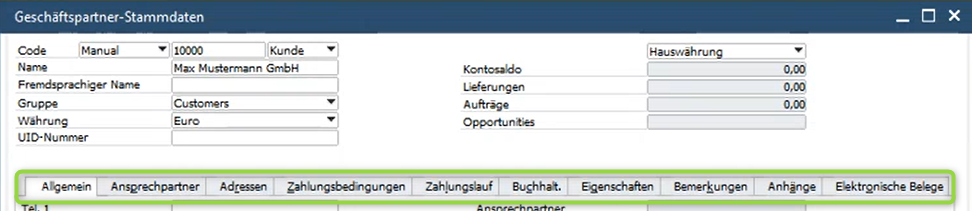 SAP Business One Geschäftspartnerstammdaten
