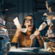 Angry stressed woman sitting at office desk screaming and crumpling paperwork, she is overloaded with work