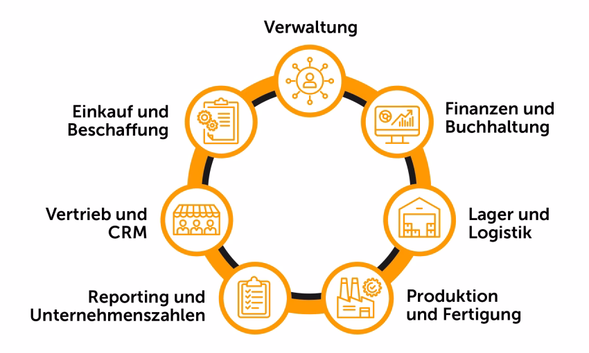 Übersicht der zentralen Geschäftsbereiche in SAP Business One: Verwaltung, Finanzen, Lager, Produktion, Vertrieb, Reporting und Einkauf