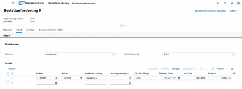 Screenshot SAP Business One Web Client: Tab Buchhaltung in einer Bestellung mit Zahlungsbedingungen und Zahlweg