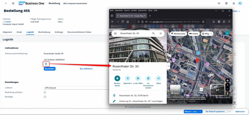Screenshot SAP Business One Web Client: Logistik-Tab einer Bestellung mit Google-Maps-Anzeige der Lieferadresse