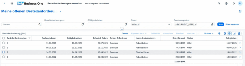 Screenshot SAP Business One Web Client: Übersicht offener Bestellanforderungen