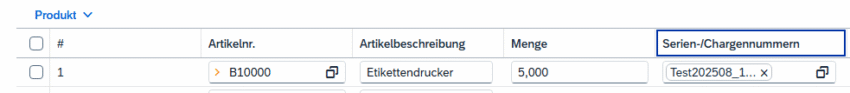 Screenshot SAP Business One Web Client: Tabelle mit Artikelinformationen und Serien- bzw. Chargennummern