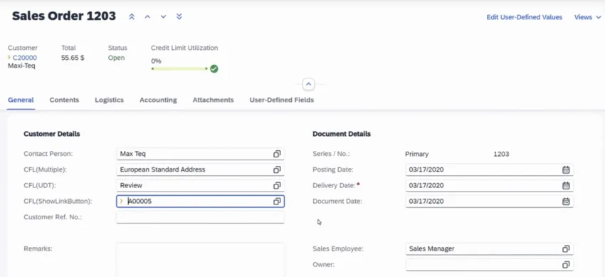 SAP Business One Web Client – Bearbeitung benutzerdefinierter Felder und Werte im Verkaufsauftrag mit FP2508