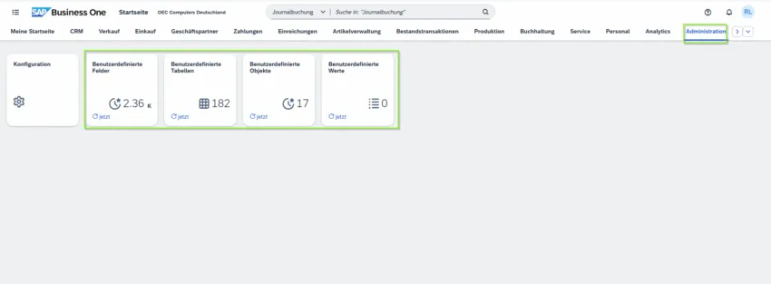 SAP Business One Web Client – Administrationsbereich mit benutzerdefinierten Feldern, Tabellen, Objekten und Werten im FP2508 Update