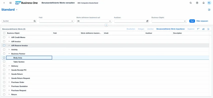 SAP Business One Web Client – Verwaltung benutzerdefinierter Werte für Business-Objekte im FP2508 Update