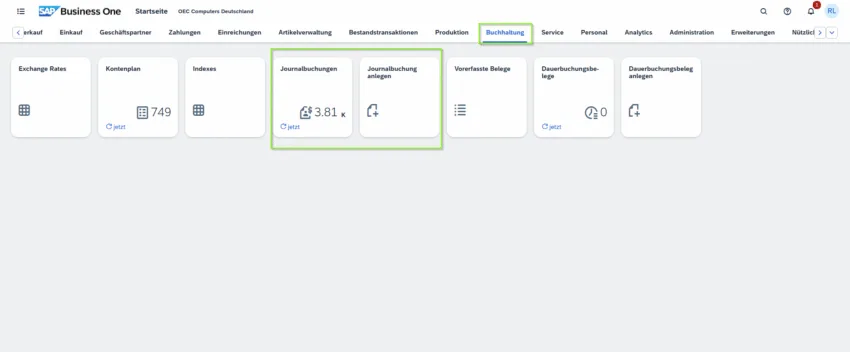 SAP Business One Web Client – Journalbuchungen und Buchhaltungsübersicht im FP2508 Update