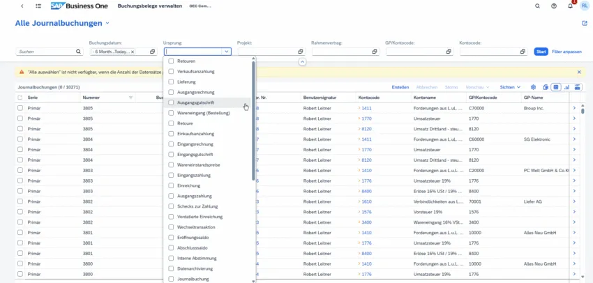 SAP Business One Web Client – Übersicht aller Journalbuchungen mit Filteroptionen nach Ursprung und Kontocode