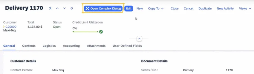 SAP Business One Web Client – neue Funktion „Open Complex Dialog“ für erweiterte Workflows im FP2508 Update