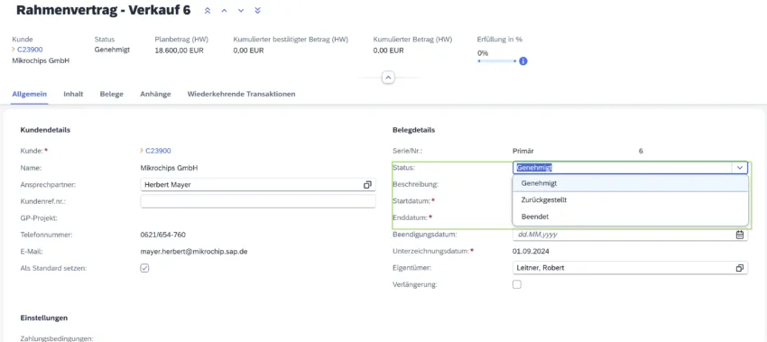 SAP Business One Web Client – Detailansicht eines genehmigten Verkaufsrahmenvertrags mit Kundendaten