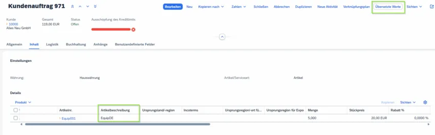 SAP Business One Web Client – Kundenauftrag mit übersetzten Artikelwerten im FP2508 Update