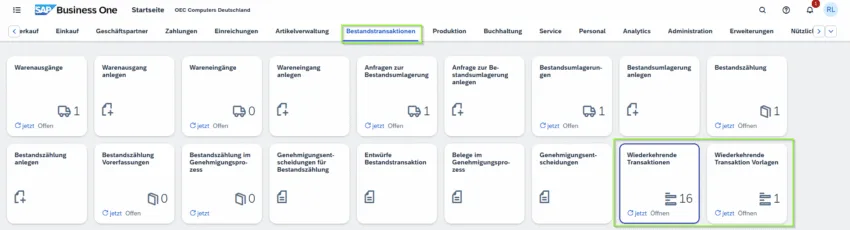 SAP Business One Web Client – Bereich Bestandstransaktionen mit neuen Funktionen für wiederkehrende Transaktionen