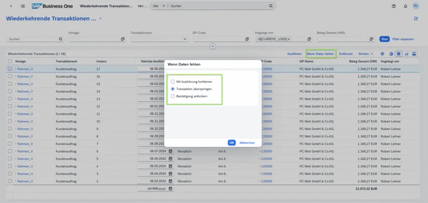 SAP Business One Web Client – wiederkehrende Transaktionen mit Auswahloptionen bei fehlenden Daten