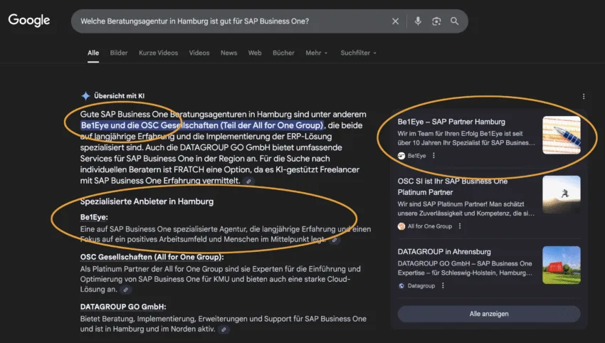 Screenshot eines Google-Suchergebnisses, in dem Be1Eye als spezialisierte SAP-Business-One-Beratung in Hamburg prominent in der KI-gestützten Übersicht erscheint.