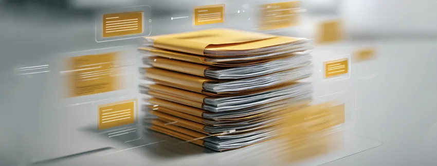 Digitaler Aktenstapel mit fließenden Dokumenten als Symbol für ein Dokumentenmanagement-System und durchgängige digitale Prozesse