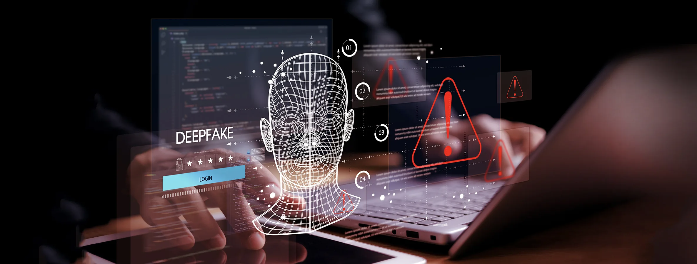 Visualisierung eines Deepfake-Angriffs mit digitalem Gesichtsscanner, Warnsymbolen und Programmcode als Symbol für KI-basierte Cyberangriffe und Phishing 2.0.