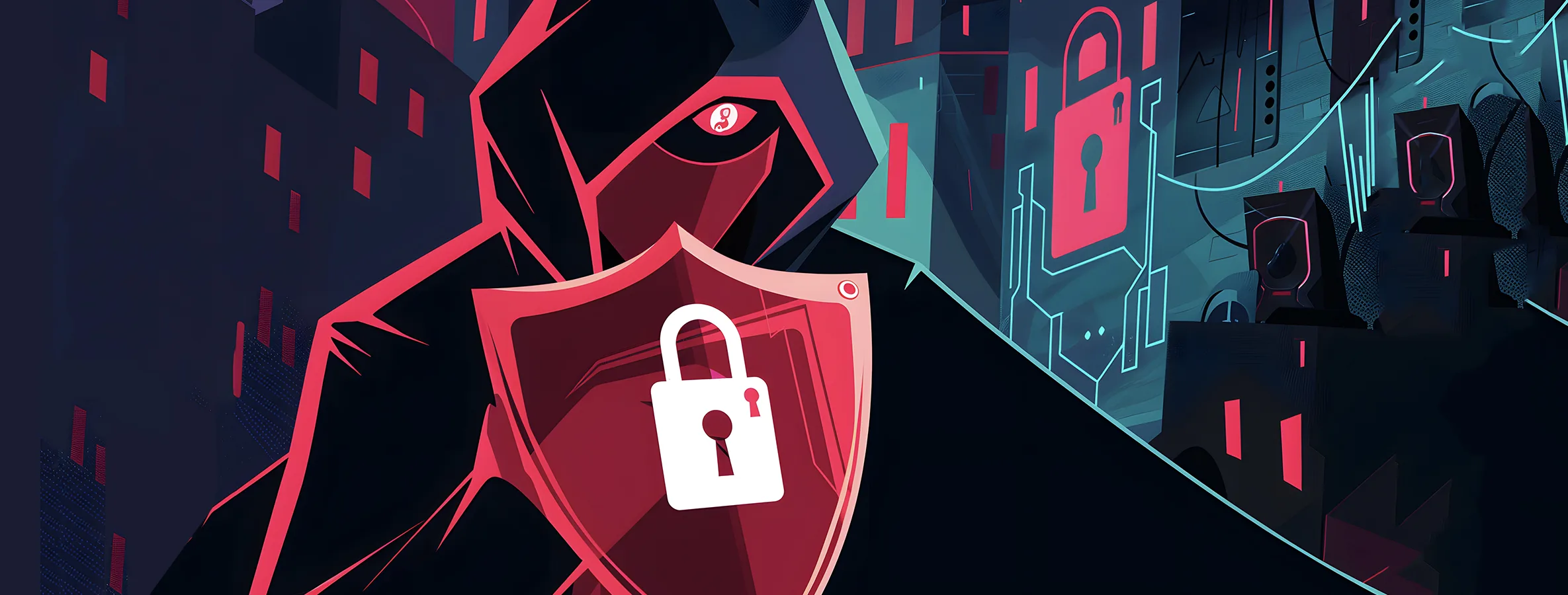 Illustration zur Schatten-IT: Symbolischer Hacker und Schutzschild für IT-Sicherheit im Unternehmen