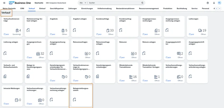 Belegerstellungsassistent im Verkaufsmenü des SAP Business One Web Clients mit Feature Package 2602