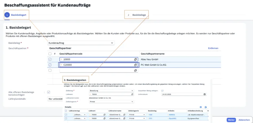 Beschaffungsassistent im SAP Business One Web Client mit Auswahl von Basisbelegen und konsolidierter Bestellung