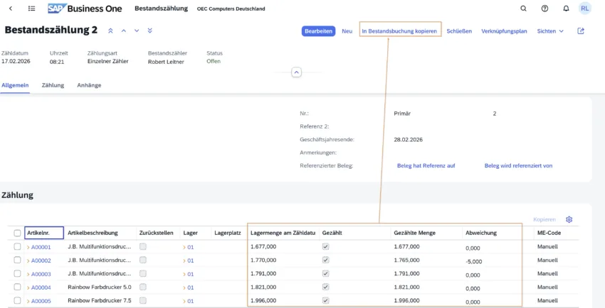Bestandszählung im SAP Business One Web Client mit gezählten Mengen und Übernahme in eine Bestandsbuchung