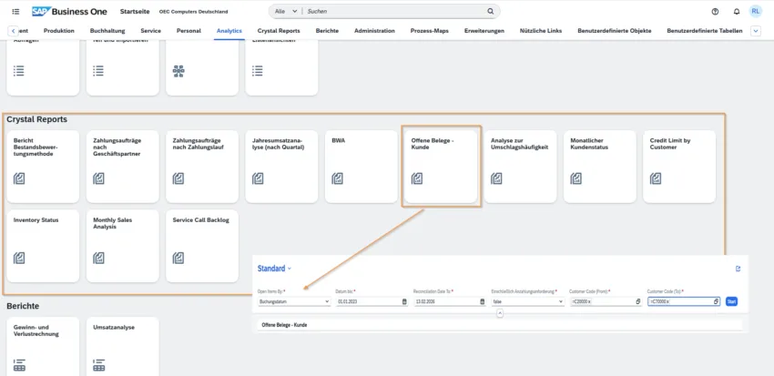Crystal Reports im SAP Business One Web Client mit Standardreports und Filtermöglichkeiten für Analysen