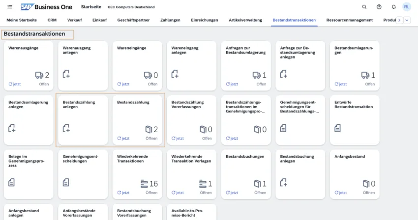 Bestandszählungen und Inventurfunktionen im SAP Business One Web Client unter Bestandstransaktionen