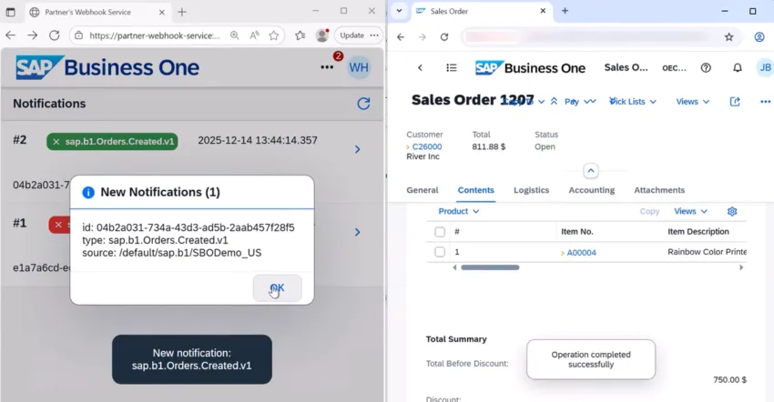 Webhooks im SAP Business One Web Client mit Benachrichtigung zum Orders.Created-Event
