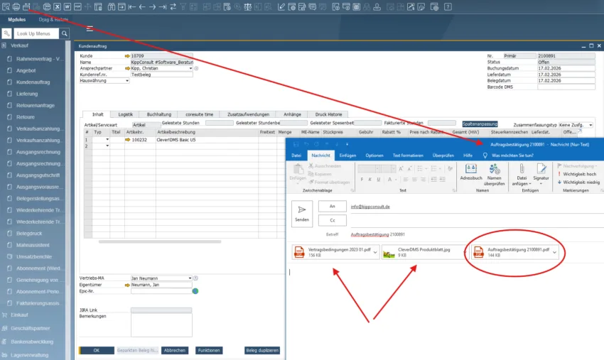 SAP Business One E-Mail mit automatisch angehängten Dokumenten aus dem Dokumentenmanagementsystem CLEVER!DMS
