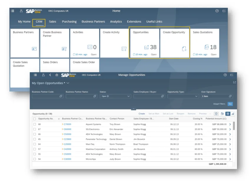 SAP Business One Web Client zeigt CRM-Funktionen wie Opportunities und Vertriebsprozesse im Überblick