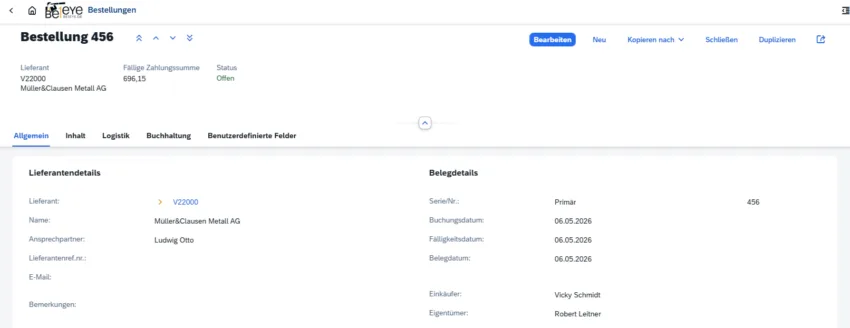 Detailansicht einer Bestellung im SAP Business One Web Client mit einer auf der Clever!WebSuite basierenden Web-Erweiterung