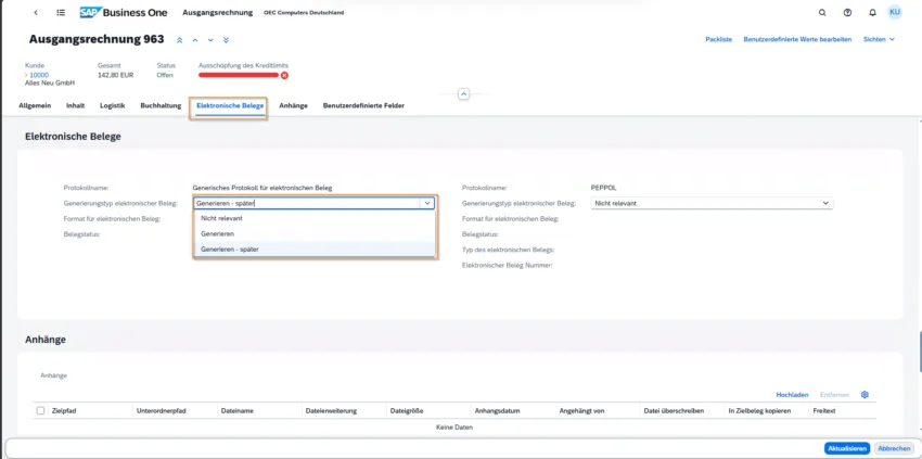 SAP Business One Web Client mit dem Reiter „Elektronische Belege“ zur Erstellung und Verwaltung von E-Rechnungen