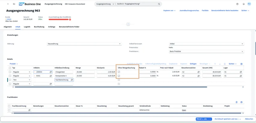 SAP Business One Ausgangsrechnung mit aktivierter Option „Ohne Mengenbuchung“ zur Abrechnung ohne Bestandsveränderung