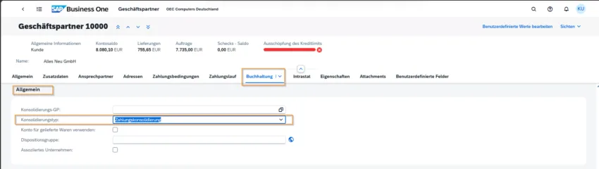 SAP Business One Geschäftspartnerstamm mit aktivierter Zahlungskonsolidierung im Reiter Buchhaltung