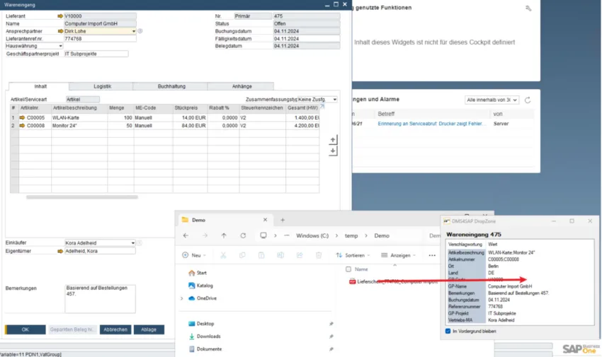 Screenshot der automatischen Dokumentenarchivierung mit CLEVER!DMS in SAP Business One per Drag & Drop