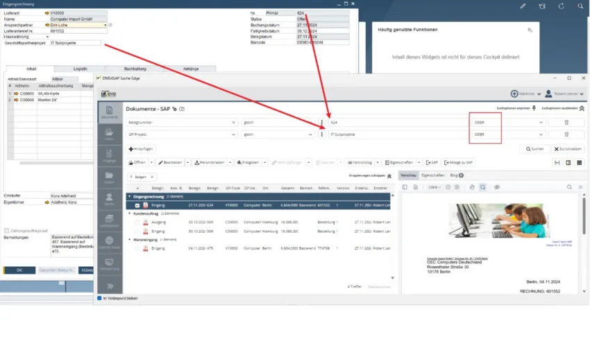 Screenshot der Dokumentensuche mit CLEVER!DMS und Kendox direkt in SAP Business One