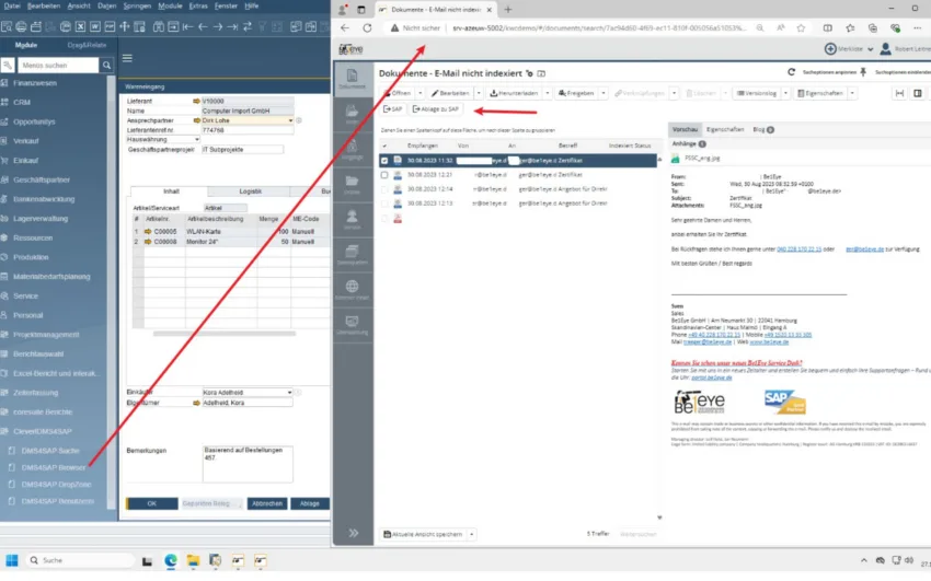Screenshot der Integration von CLEVER!DMS und Kendox in SAP Business One mit zentralem Zugriff auf Dokumente und E-Mails