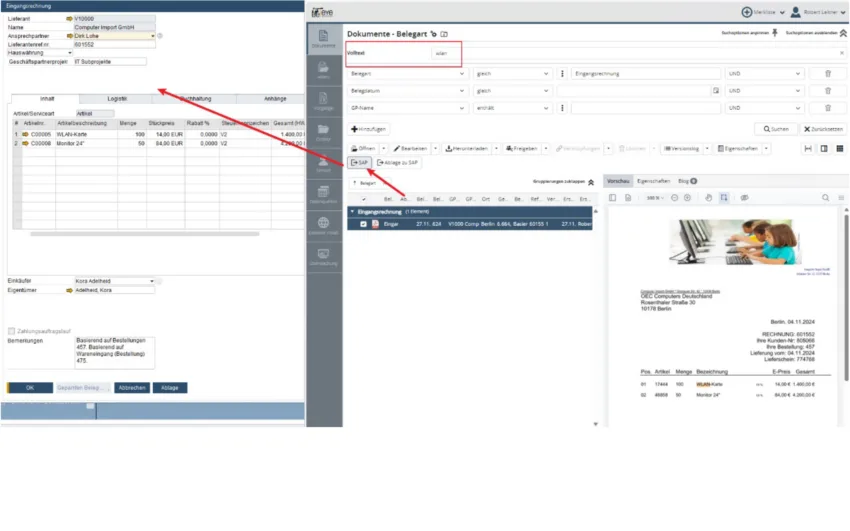Screenshot der Volltextsuche von Kendox in CLEVER!DMS für SAP Business One