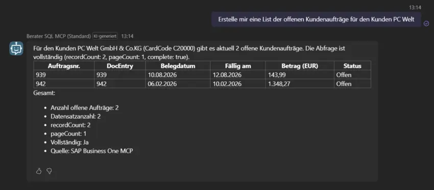 Screenshot einer Beispielhaften KI-Abfrage "Erstelle mir eine Liste der offenen Kundenaufträge für den Kunden PC-Welt"
