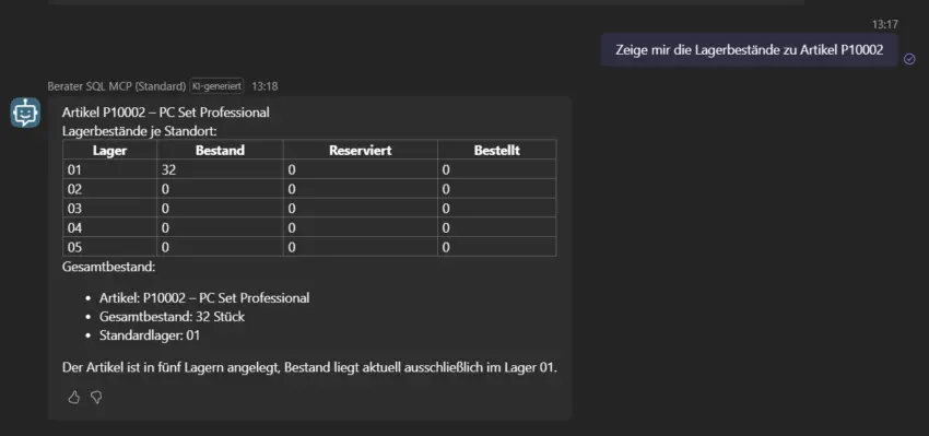 Screenshot einer Beispielhaaften KI-Abfrage: "Zeige mir die Lagerbestände zu Artikel P10002"