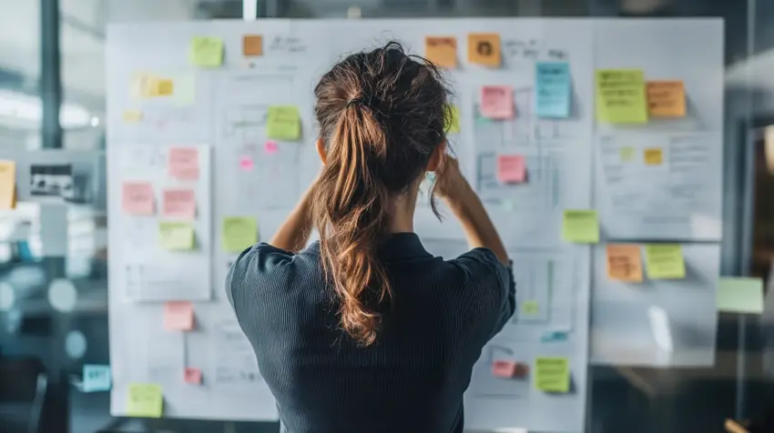 Eine Frau betrachtet eine Planungstafel mit Diagrammen, Dokumenten und bunten Haftnotizen im Büro.